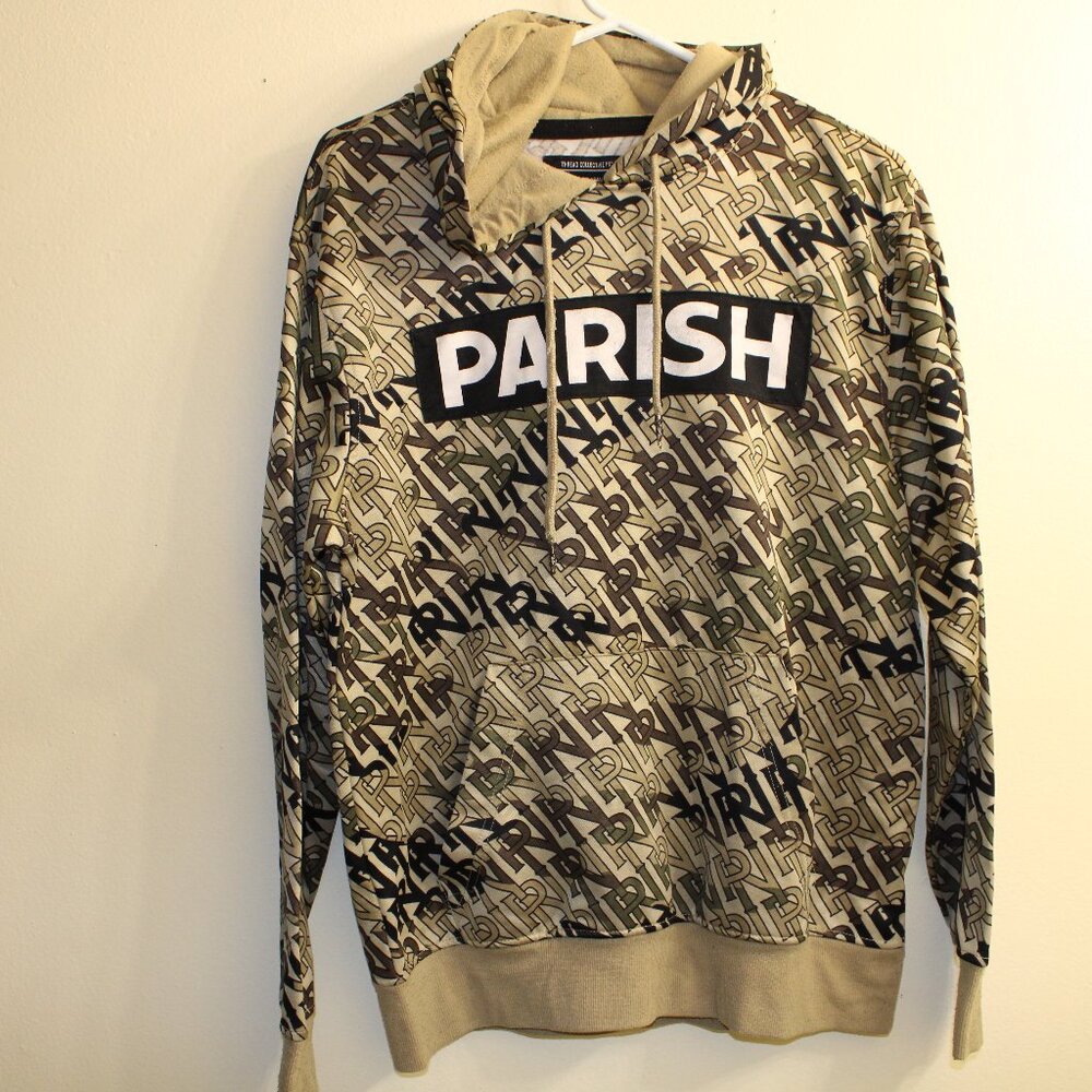 Parish Nation Monogram‎ Hoodie Tan Brown Logo Print Pullover Size Medium